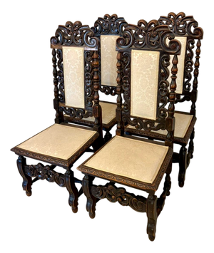 Antique Victorian Carved Oak Dining Chairs, 1860s, Set of 4