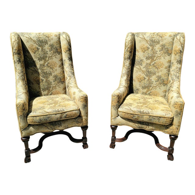Pair of Vintage Custom Made William and Mary Style Wingback Chairs For Sale