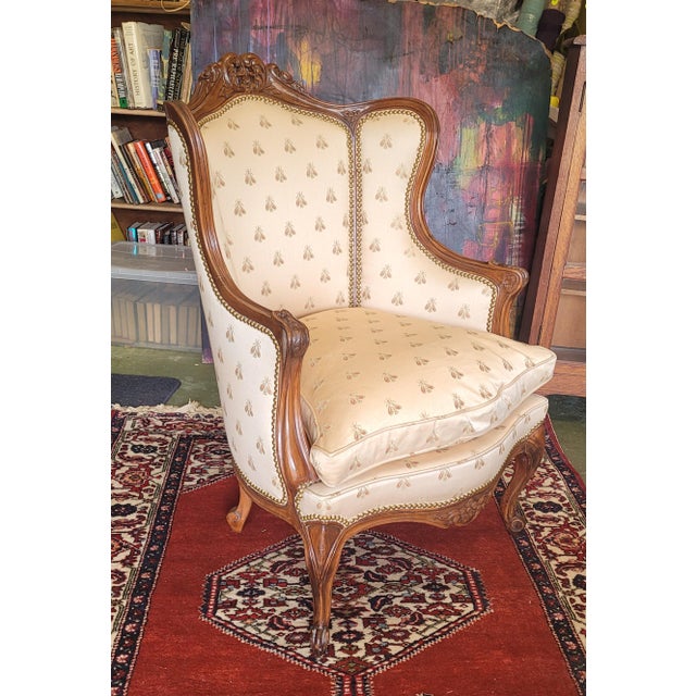 1940s French Carved Wing Chair Bumble Bee Fabric For Sale - Image 10 of 12
