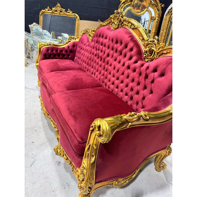 Textile 1980s Baroque Style Ruby Red Sofa – French Design With Gold Leaf Details For Sale - Image 7 of 12