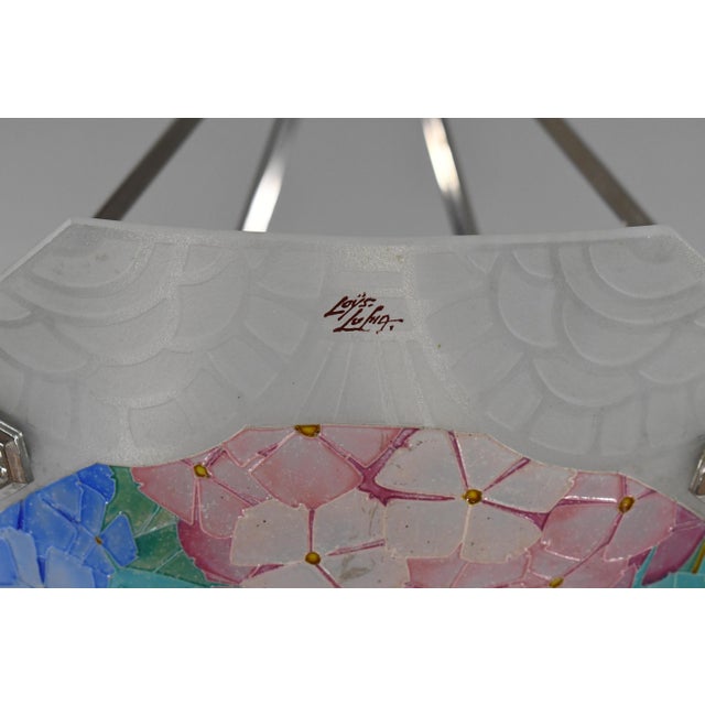 Loys Lucha French Art Deco Pendant Light 1930s - Octagonal Pink Blue Hydrangea Shade For Sale - Image 9 of 12