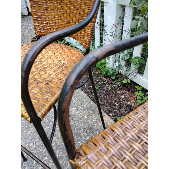 Late 20th Century Wicker Iron Bar Counter Stools Pair For Sale - Image 4 of 10