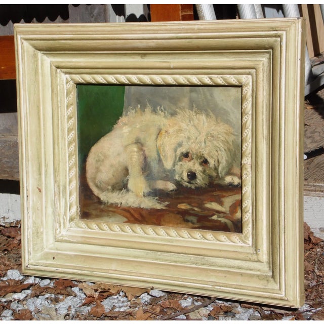 Vintage Oil Painting on Canvas Dog Portrait in a solid wood Bisque color deep frame, unsigned Dimensions- 10" x 13",...