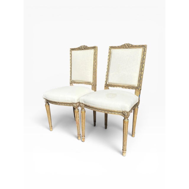 Pair of Mid-20th Century Louis XVI Style Giltwood Side Chairs With Cream Linen Upholstery For Sale - Image 4 of 16