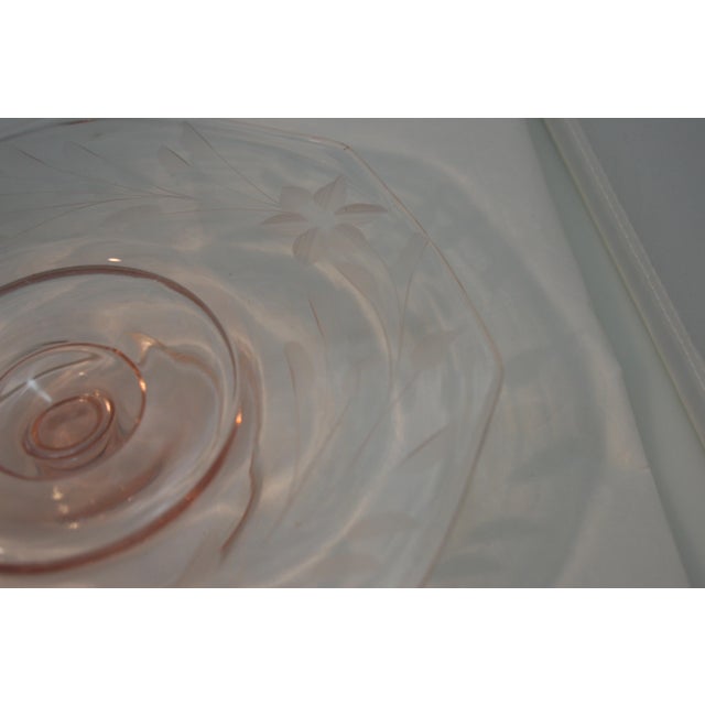 Vintage Pink Depression Glass Octagonal Floral Etched Cake Stand For Sale In West Palm - Image 6 of 7