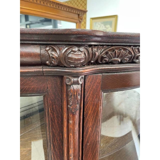 Antique Tiger Oak Curio Cabinet, 4 Shelves, Glass Door, Hand Carved Wood For Sale - Image 10 of 11