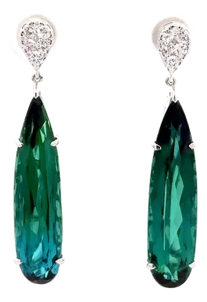 10.90 Carats Indicolite Tourmaline Diamond 14k White Gold Drop Dangle Earrings