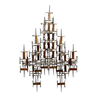 Large Mid-Century Modern Iron, Brass Brutalist Wall Sculpture, Jere Style For Sale