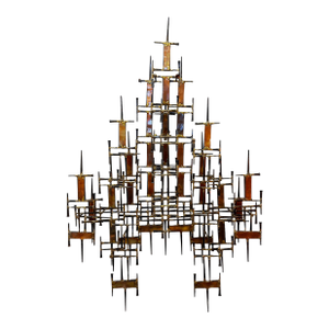 Large Mid-Century Modern Iron, Brass Brutalist Wall Sculpture, Jere Style