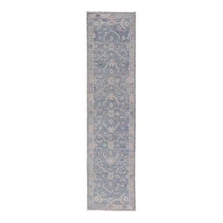 Angora Turkish Oushak Runner With Floral Design and Medium Blue and Grey Border 2'7 X 11'8 For Sale