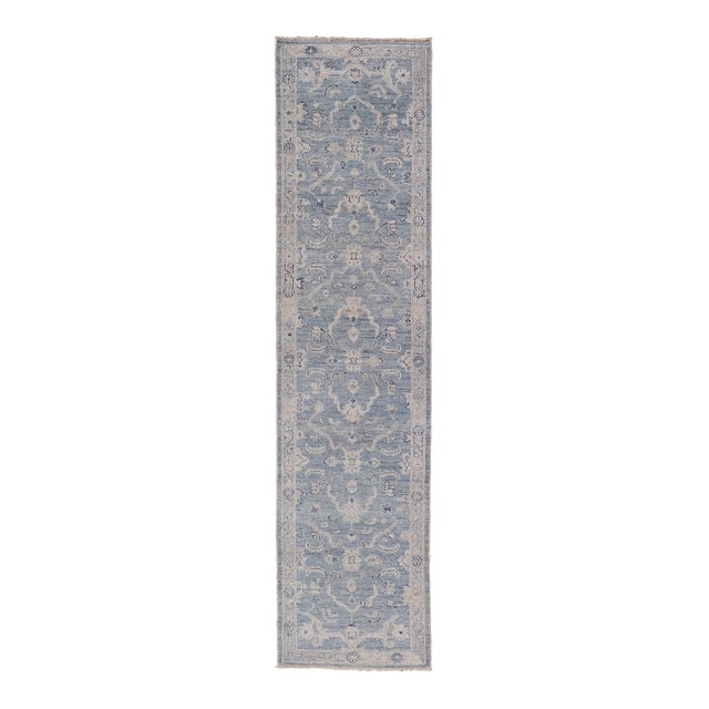Angora Turkish Oushak Runner With Floral Design and Medium Blue and Grey Border 2'7 X 11'8 For Sale