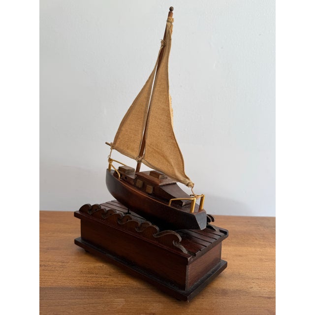 Wood Mid 20th Century Nautical Music Box With Animated Sailboat For Sale - Image 7 of 11