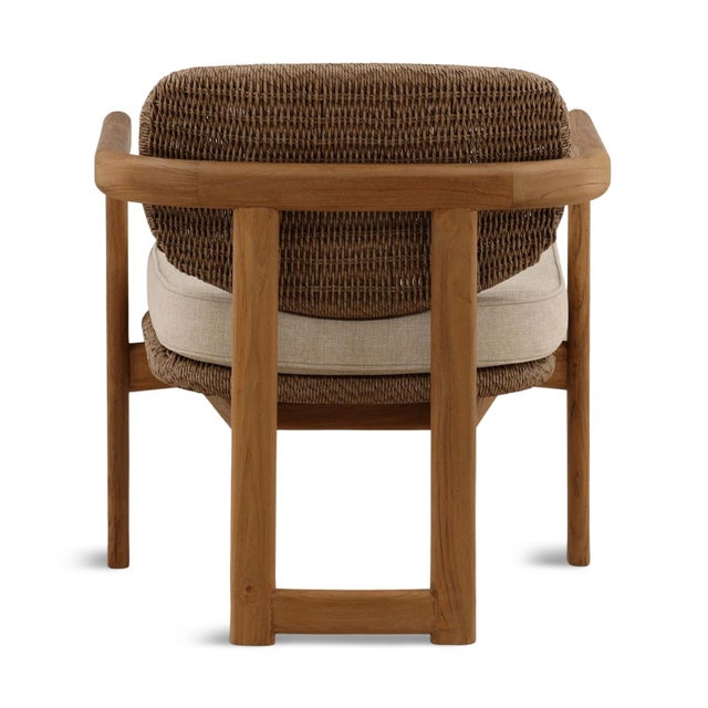 Modern Brown Faux Wicker & Teak Outdoor Arm Chair For Sale - Image 4 of 7