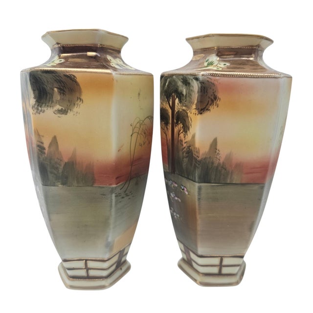 Pair Antique Nippon Imperial Mark Hand Painted Landscape Vases Moriage Gilt Porcelain 9.5” For Sale - Image 15 of 18