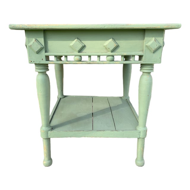 Antique Primitive Wood Work or Center Table Rustic Green Paint For Sale
