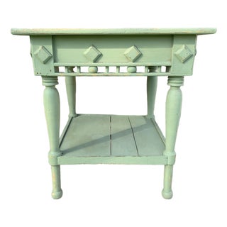 Antique Primitive Wood Work Table Rustic Green Paint For Sale