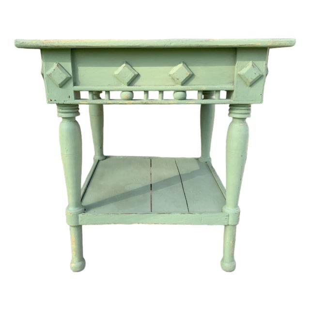Antique Primitive Wood Work Table Rustic Green Paint For Sale