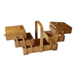 1970s Extandable Wooden Sewing Basket For Sale