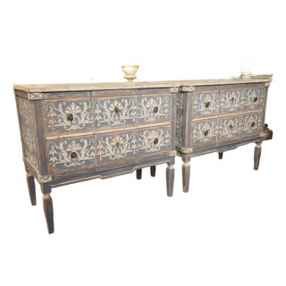 Pair of Hand Painted Blue and White Directoire Style Commodes For Sale