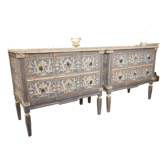 Pair of Hand Painted Blue and White Directoire Style Commodes For Sale