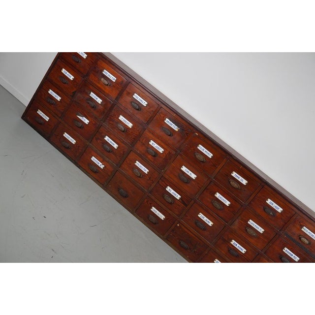 Large Belgian Pitch Pine Apothecary Cabinet with Enamel Shields, 1900s For Sale - Image 3 of 18