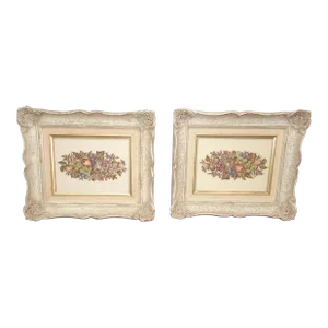 1970s French Country Off White Pictures of Floral Bouquets - a Pair