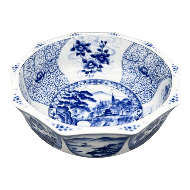 Large Vintage Blue & White Japanese Porcelain Geometric Bowl - Chinoiserie, Traditional, Asian, Grandmillennial For Sale