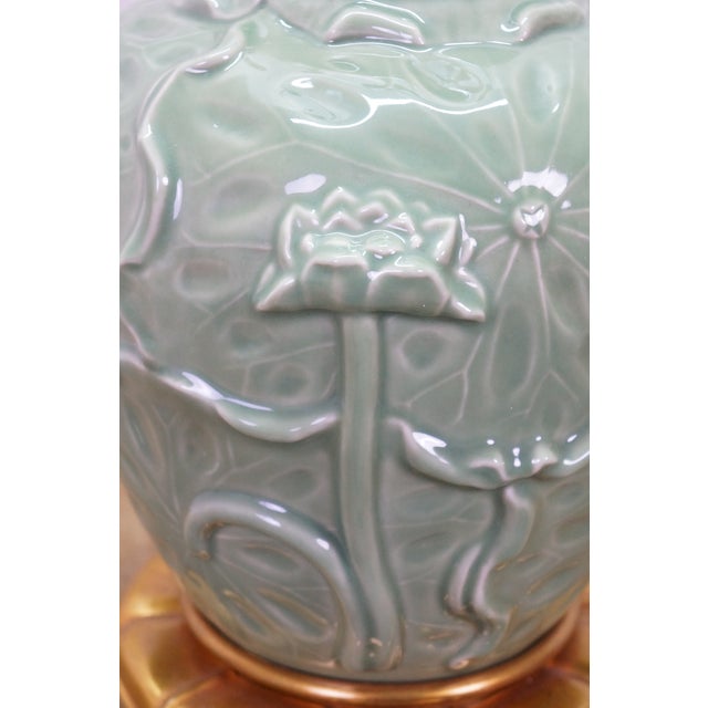 Celadon Vintage Marbro Celadon Green Porcelain Lotus Flower Ginger Jar Lamp 30" For Sale - Image 8 of 16