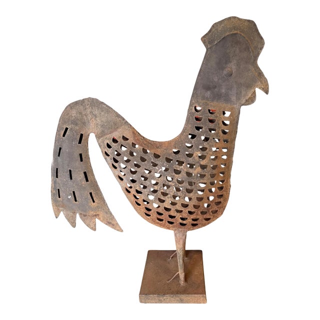 Folk Art Sheet-Metal Rooster With Cutout Pattern and Side Door For Sale