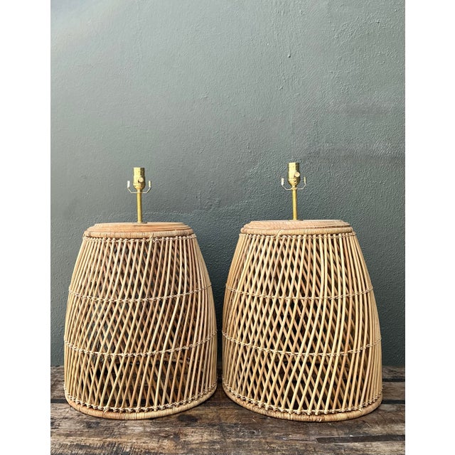 Tan Vintage Woven Rattan Lamps - A Pair For Sale - Image 8 of 12