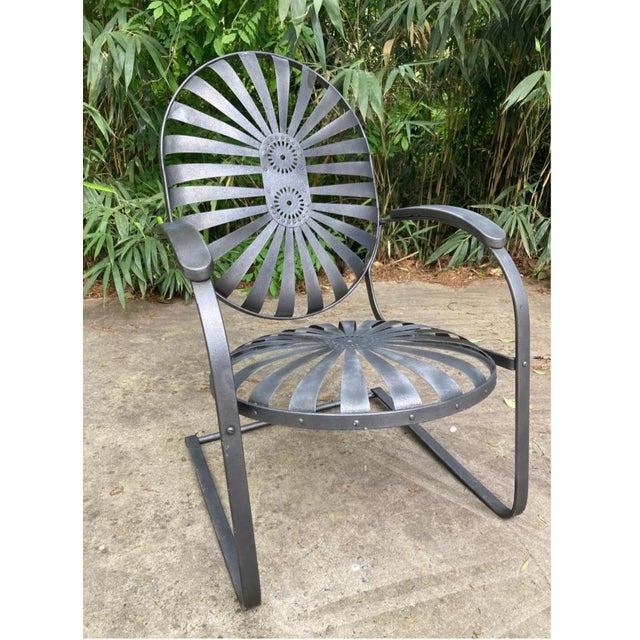 no maker’s mark Francois Carre Cantilever Garden Rocker. darker metallic gray and beautiful antique strap iron garden...