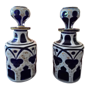 Antique Moser Bohemian Glass Overlay Bottles- Set of 2