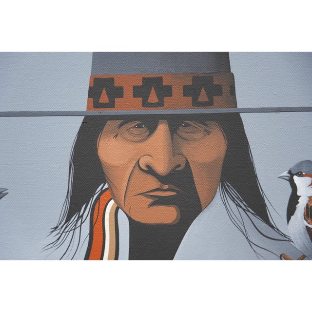 Rustic 1980s Kim F. Means "Sparrow Dancer" Signed Original Acrylic Native American Portrait For Sale - Image 3 of 8