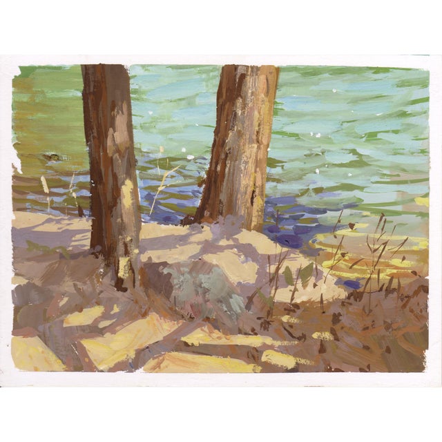 032 - Plein Air-Palmer Lake, CO, 5/5/22 by Judd Mercer | Gouache Landscape of trees by a lake For Sale