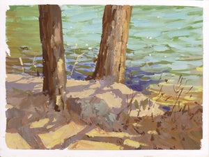 032 - Plein Air-Palmer Lake, CO, 5/5/22 by Judd Mercer | Gouache Landscape of trees by a lake