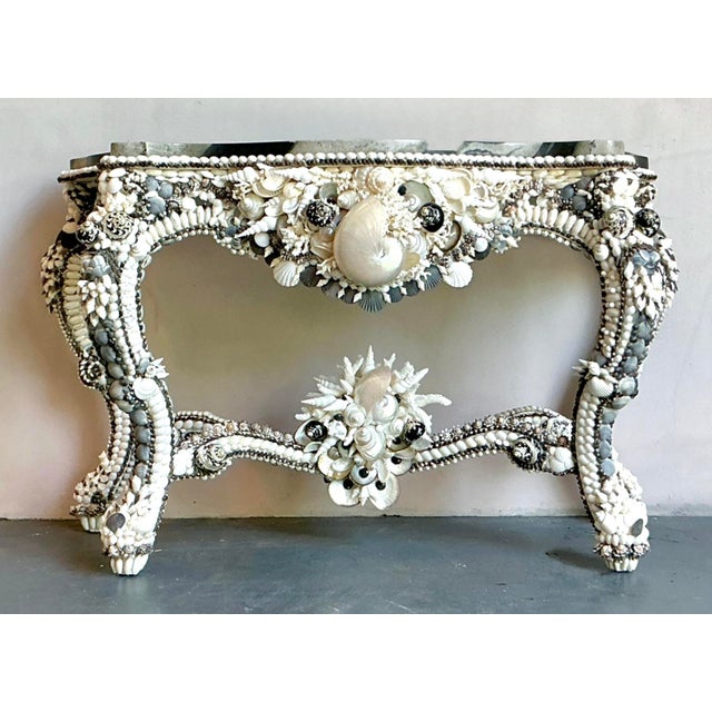 Rococo Vintage Coastal Shell Encrusted Console Table For Sale - Image 3 of 8