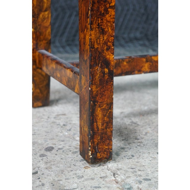 Brown Vintage Chinese Chippendale Faux Tortoise Shell Pierced Trellis Bench Arm Chair For Sale - Image 8 of 18