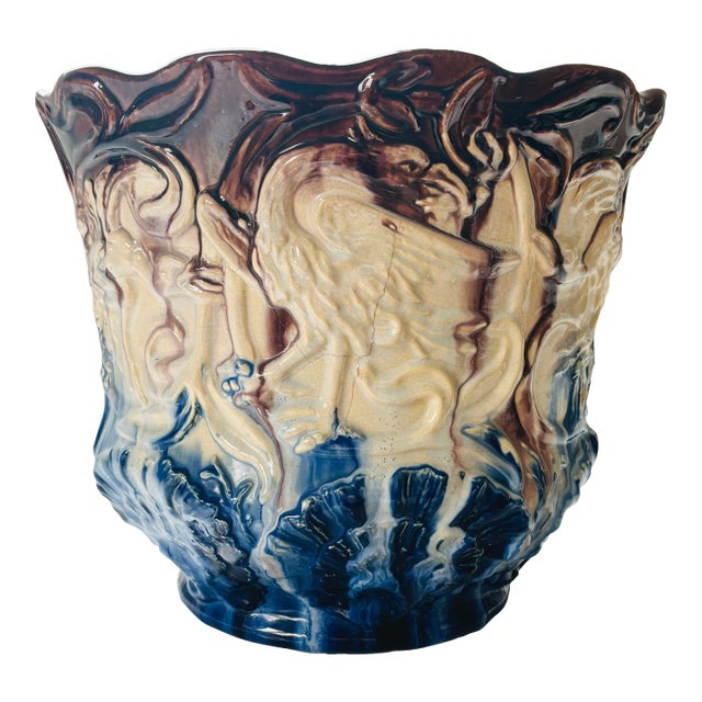 Antique Majolica Winged Griffin Jardiniere by J B Owens Pottery, 1900s For Sale