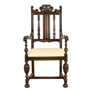 Berkey & Gay Antique English Jacobean Carved Walnut Armchair, Circa 1920s For Sale