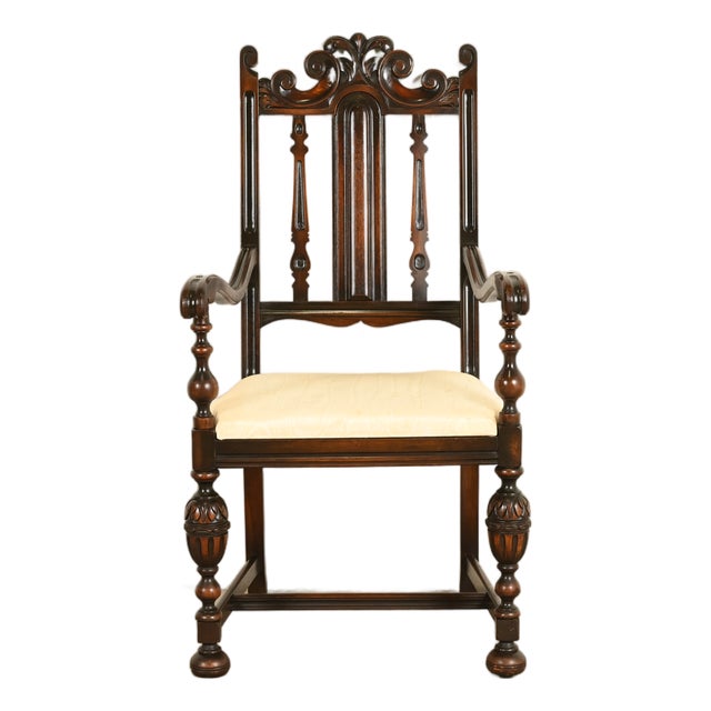 Berkey & Gay Antique English Jacobean Carved Walnut Armchair, Circa 1920s For Sale