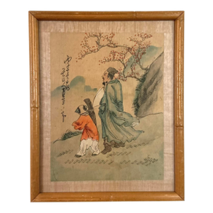Vintage Chinese Scholar & Attendant Painting on Silk, Bamboo Frame