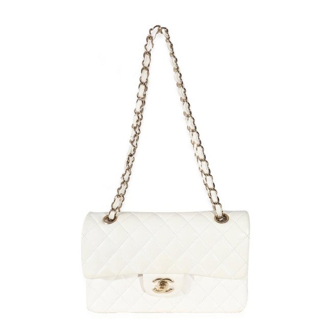 Traditional White Quilted Caviar Small Classic Double Flap Handbag For Sale - Image 3 of 5