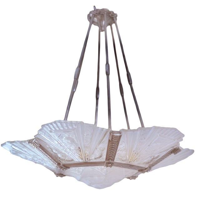 Platinum 1930’s French Art Deco Chandelier Signed Verrerie Des Hanots For Sale - Image 8 of 12