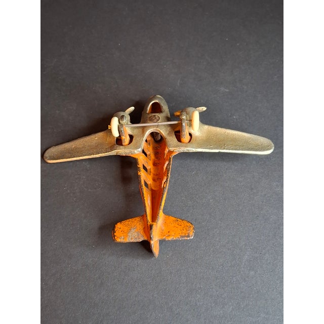 Share Vintage 1930s Hubley Cast Iron Tat Nc-491 Dual Prop Airplane Toy Orange Nickel For Sale - Image 11 of 15