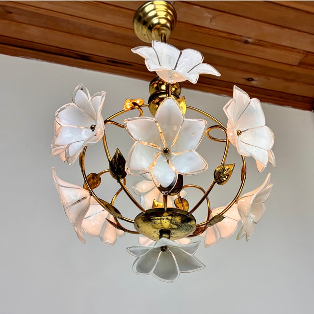 Vintage Murano Style White Floral Globe Chandelier - Brass Finish For Sale - Image 9 of 15