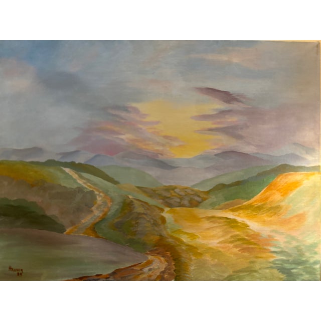 Paint 1980s Original Landscape Painting in Pastel Tones, Signed and Dated For Sale - Image 7 of 11