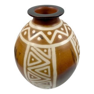 Studio Pottery Brown & Off White Vase W Tribal-Inspired Geometric Motifs Signed For Sale