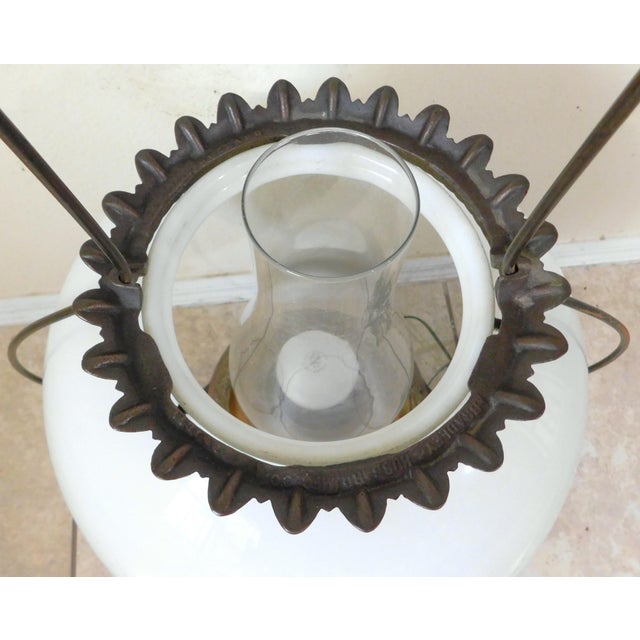 Metal Antique C1887 Bradley & Hubbard Milk Glass Cast Iron Hanging Lantern Electrified Lamp For Sale - Image 7 of 15