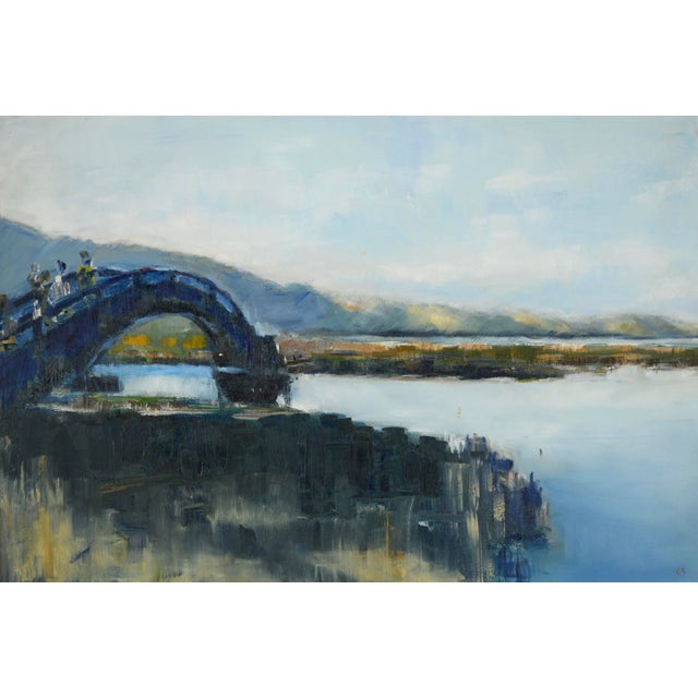 Impressionist 1960s "Over the Bridge, Armenia" Figurative Landscape Oil Painting by Hovanessian, Framed For Sale - Image 3 of 8