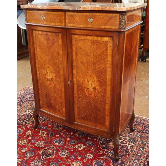 French Louis XV Style Walnut Inlaid Marble Top Dresser High Chest Circa 1920's For Sale - Image 13 of 18